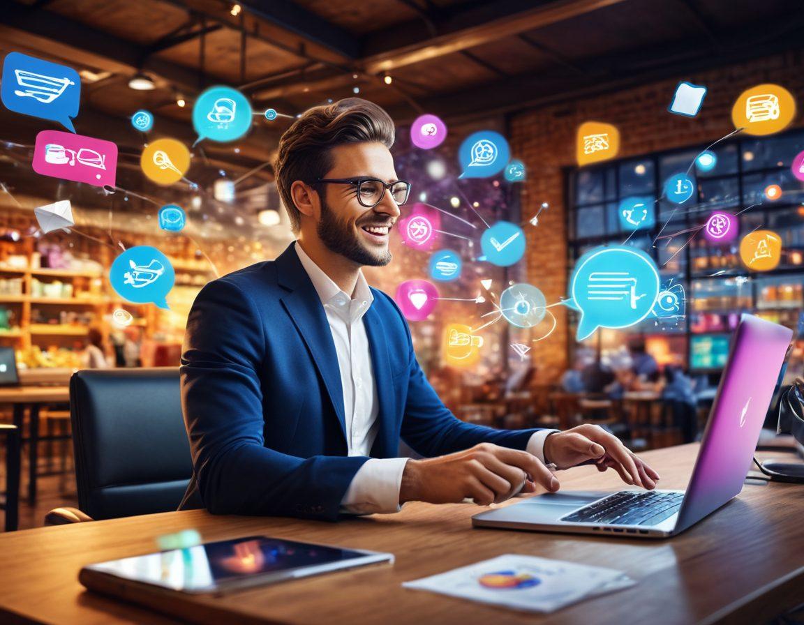 A vibrant digital marketplace scene featuring an enthusiastic entrepreneur surrounded by glowing symbols of e-commerce, such as shopping carts, dollar signs, and digital graphs. Bright colors illuminate a backdrop of a bustling online shop interface, showcasing success and innovation. A passion-infused aura radiates, highlighting strategic elements like chat bubbles and growth arrows. super-realistic. vibrant colors. dynamic background.