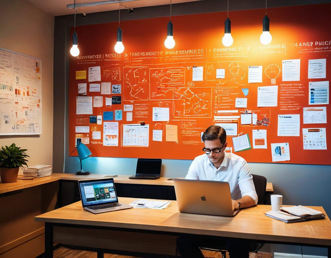 A dynamic scene illustrating a passionate e-commerce entrepreneur working on a laptop, surrounded by vibrant charts and strategies on a wall, with items representing diverse products scattered around. Add a lightbulb moment depicting creativity and innovation, in an office space filled with warm colors and inspiring quotes. super-realistic. vibrant colors. 3D.