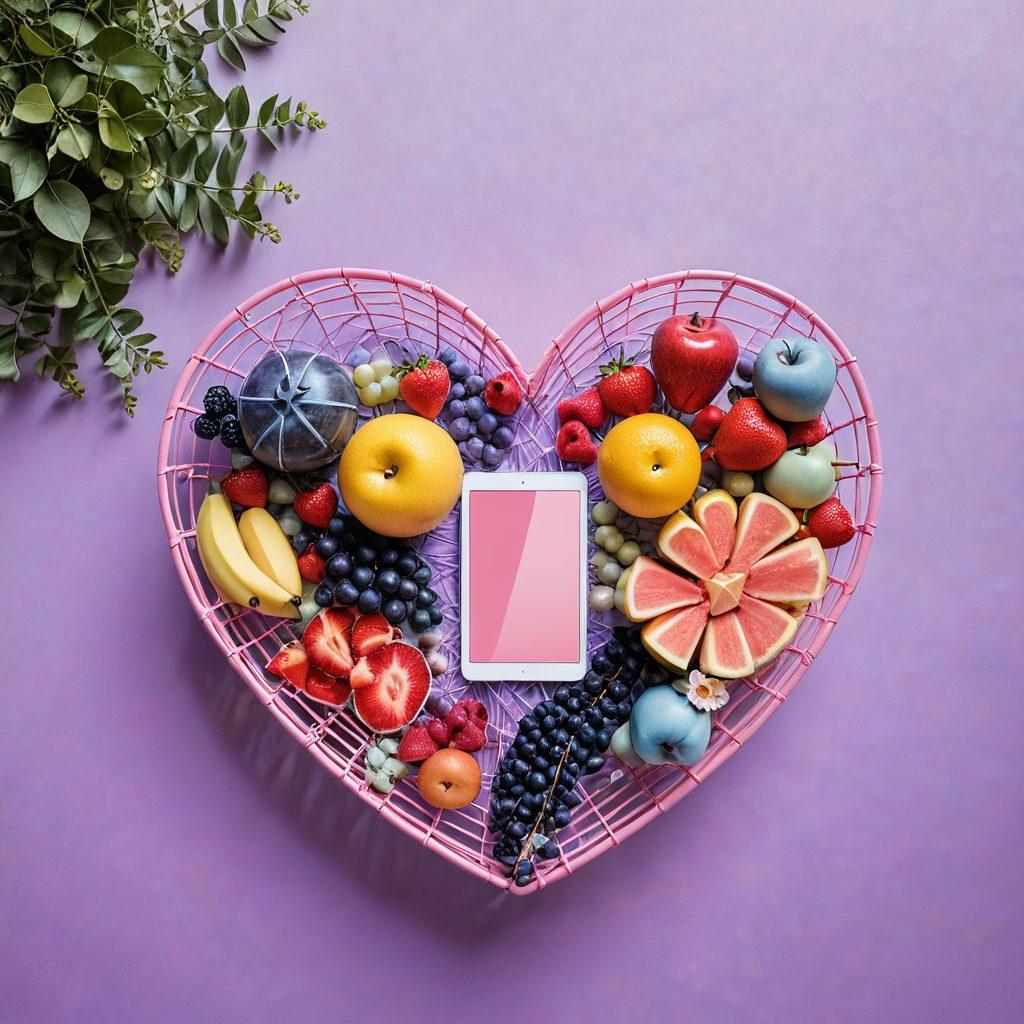 A captivating image of a heart-shaped shopping basket overflowing with vibrant products, set against a dreamy pastel background. Surround it with interwoven strings of light symbolizing connections between the basket and various online shoppers, depicted as silhouettes. Include elements of technology, like digital devices casting soft glows. super-realistic. vibrant colors. dreamy background.